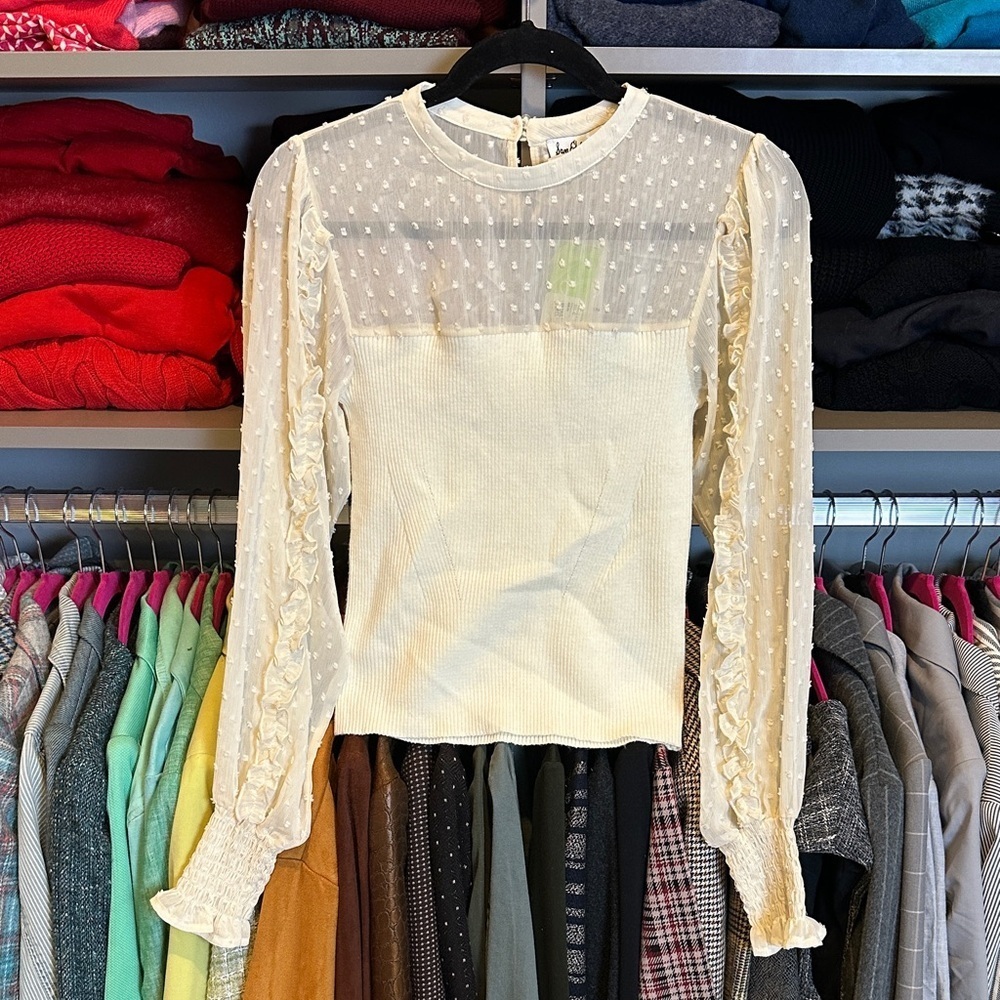 Sam Edelman cream long swiss dot sleeve ribbed sweater top size M NWT